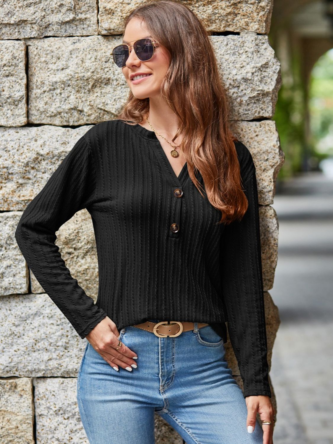 Mandy Notched Long Sleeve T-Shirt  Trendsi   