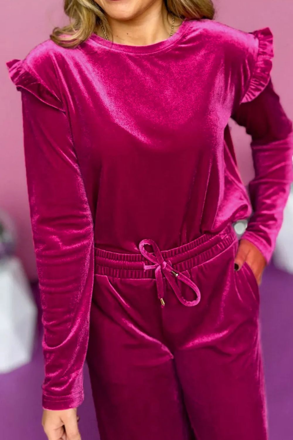 Velvet Round Neck Long Sleeve Top and Drawstring Pants Lounge Set  Trendsi   