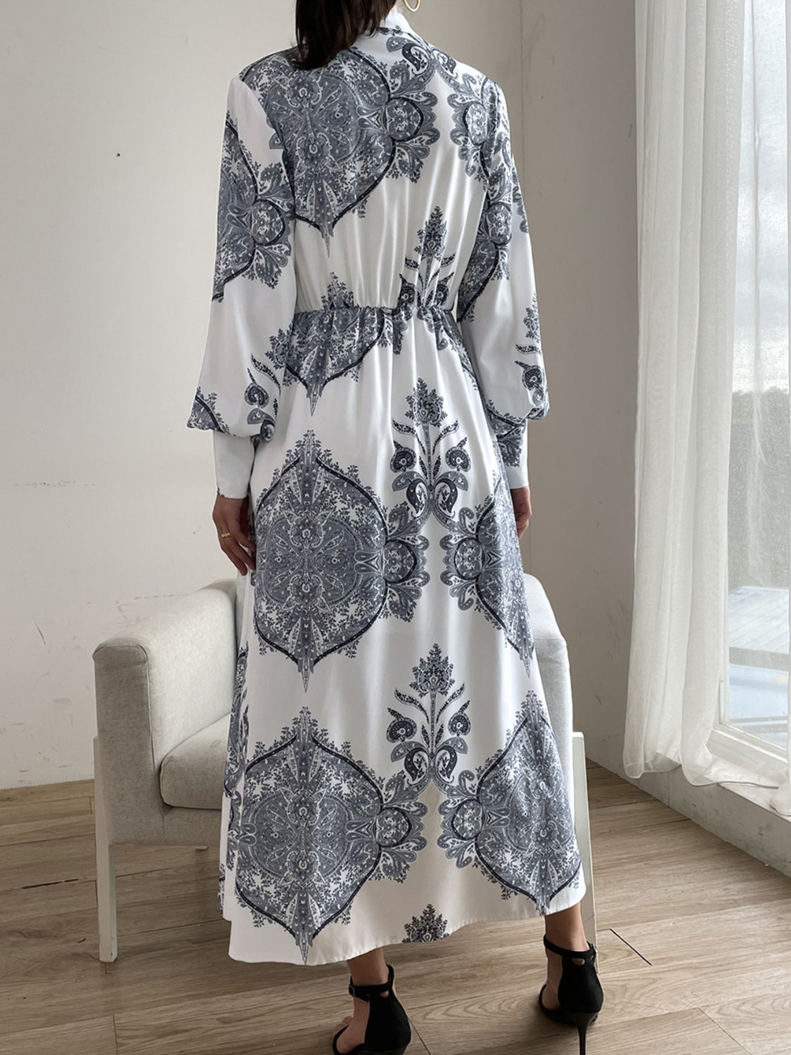 Printed Notched Lantern Sleeve Midi Dress  Trendsi   