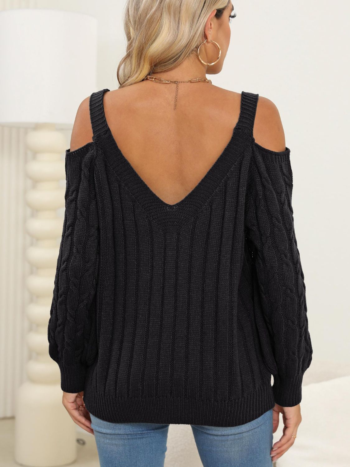 Cable-Knit Heart V-Neck Sweater  Trendsi   