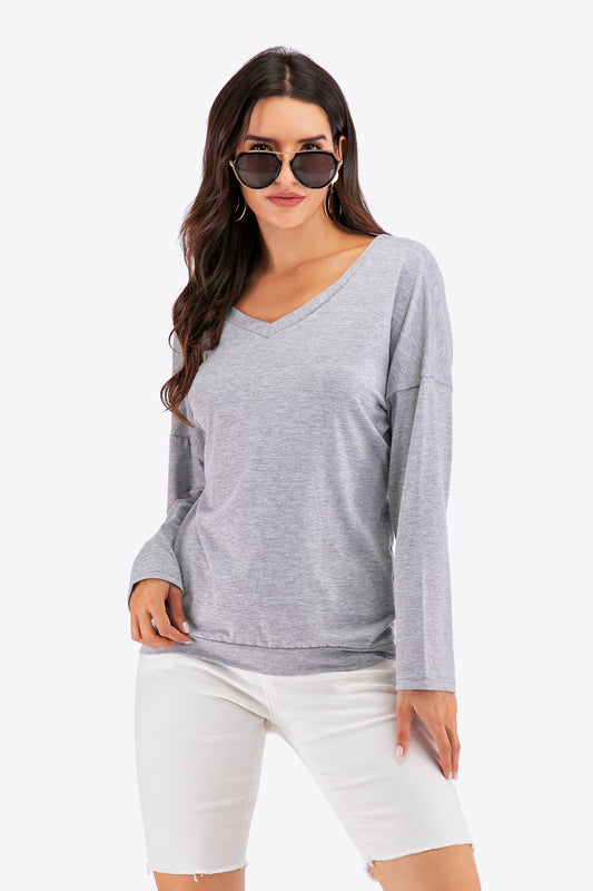 Perfee V-Neck Drop Shoulder Open Back Sweatshirt Sale Trendsi Gray S 