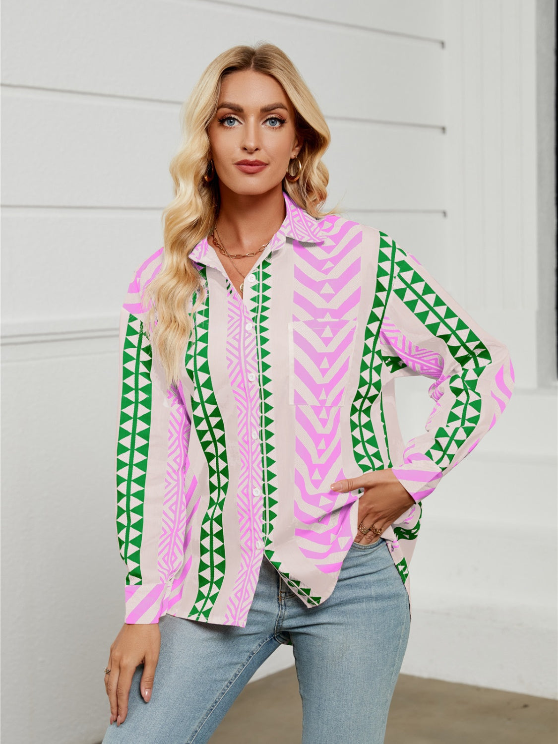 Geometric Collared Neck Long Sleeve Shirt  Trendsi Fuchsia Pink S 