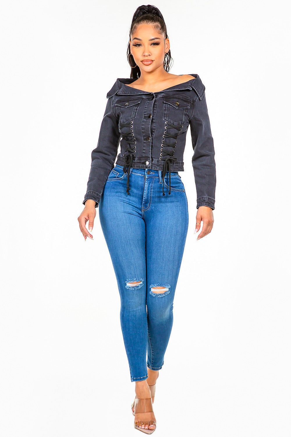 American Bazi Off Shoulder Lace Up Denim Jacket  Trendsi   