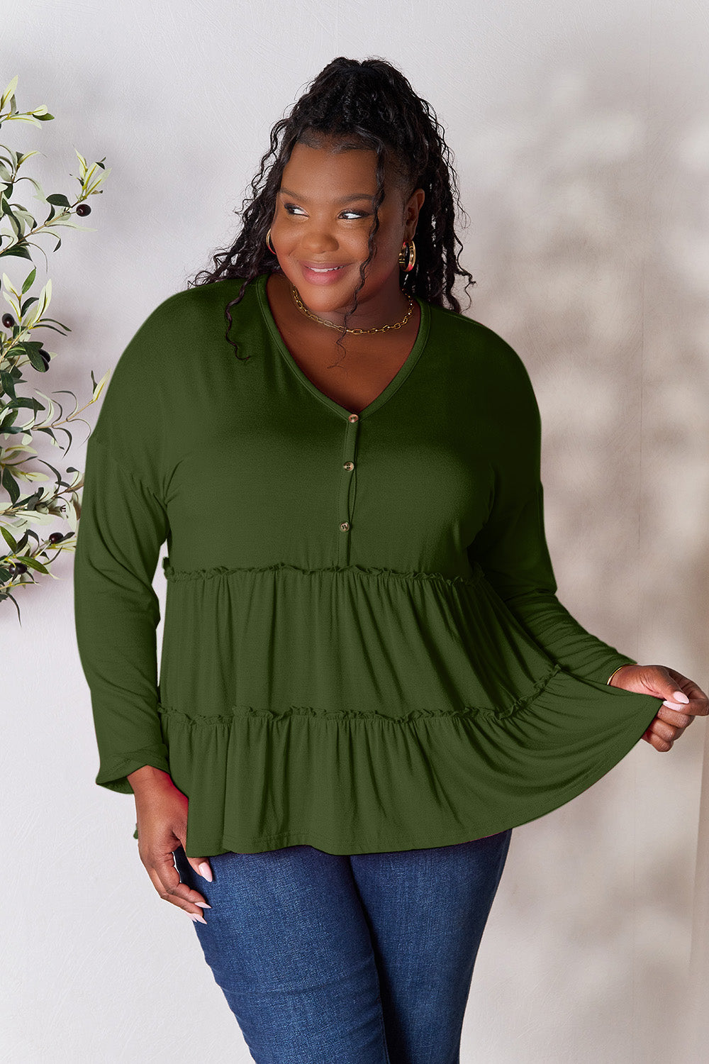 Double Take Half Button Long Sleeve Ruffle Hem Blouse Blouse Trendsi Army Green S 