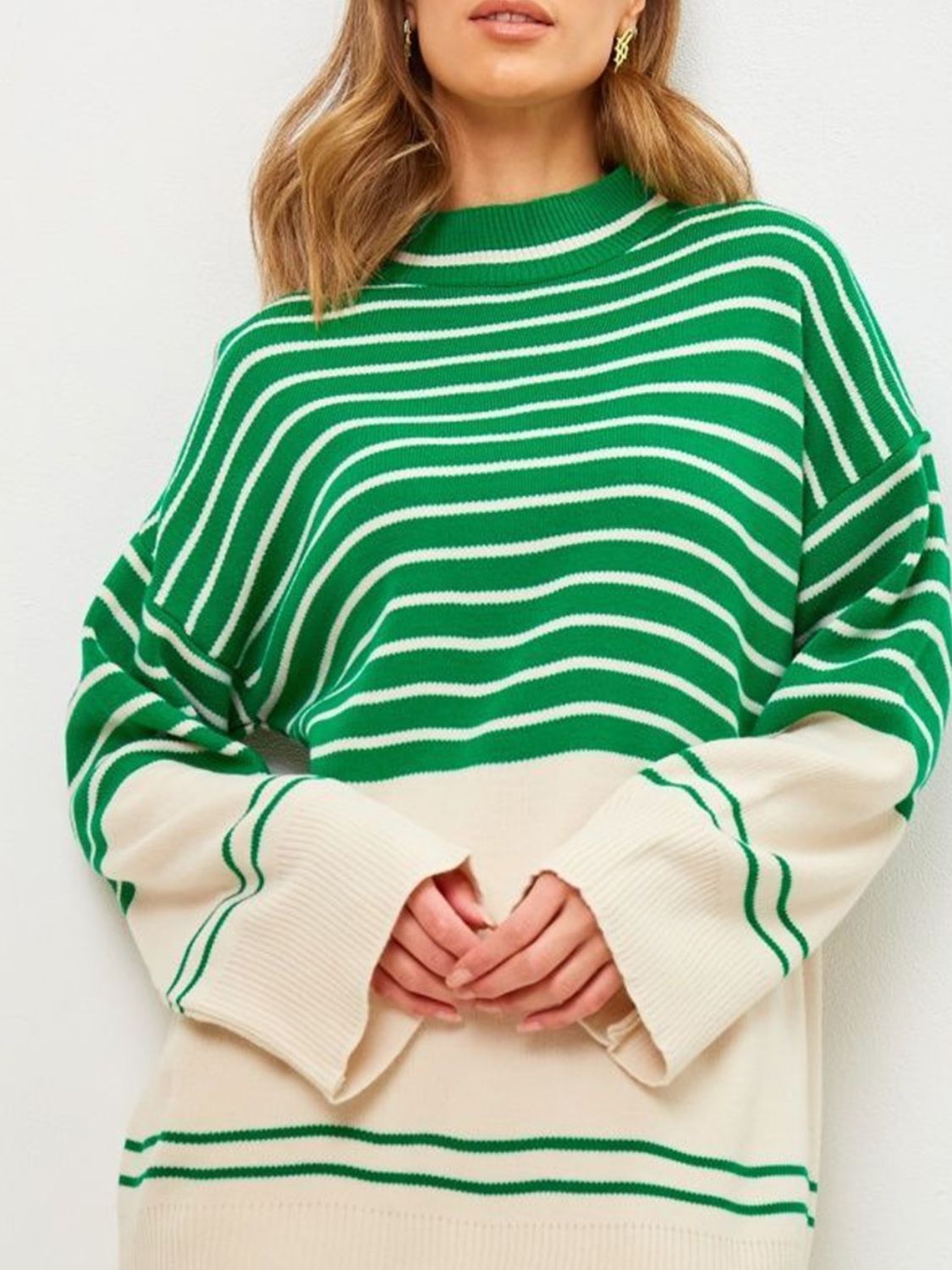 Striped Mock Neck Long Sleeve Sweater  Trendsi Green S 