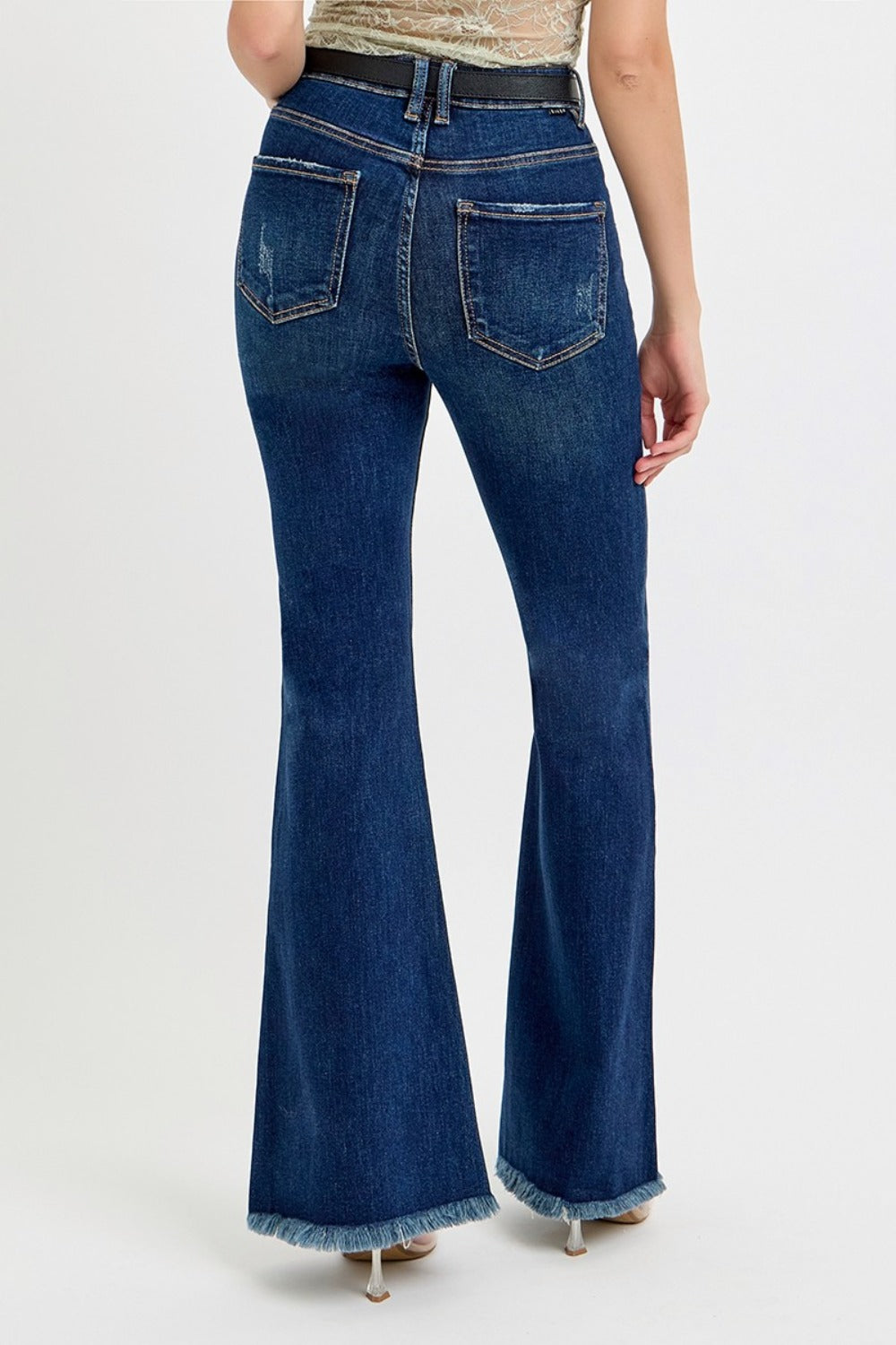 RISEN Tummy Control Frayed Hem Flare Jeans Luxe Trendsi   