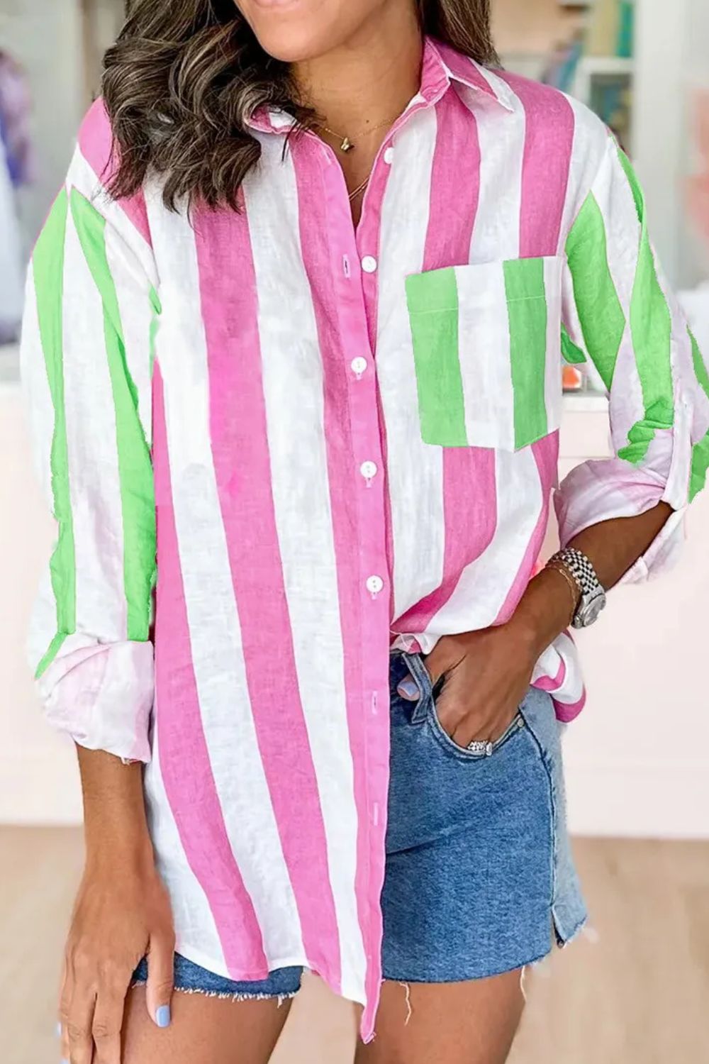 Contrast Stripes Collared Neck Long Sleeve Shirt Blouse Trendsi Fuchsia Pink S 