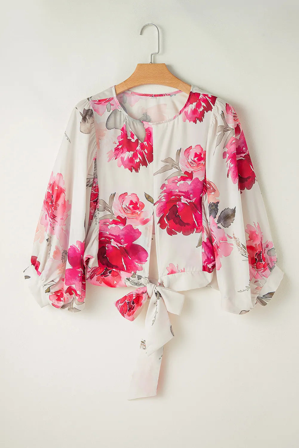 Tied Floral Round Neck Three-Quarter Sleeve Blouse Blouse Trendsi   