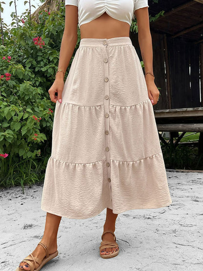 Perfee Button Down Tiered Midi Skirt