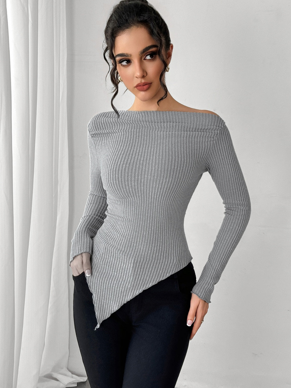 Asymmetric Hem Long Sleeve T-Shirt  Trendsi   