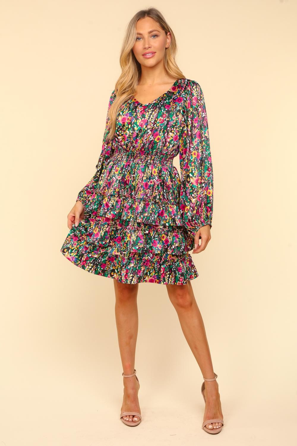 Haptics V-Neck Satin Floral Layered Dress  Trendsi Multi S 