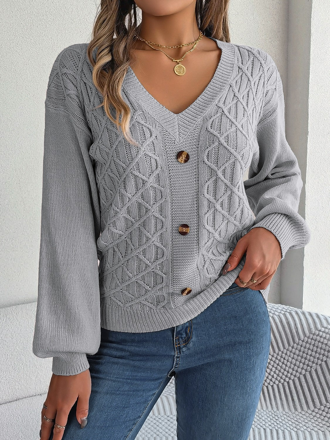 Cable-Knit V-Neck Lantern Sleeve Sweater  Trendsi   