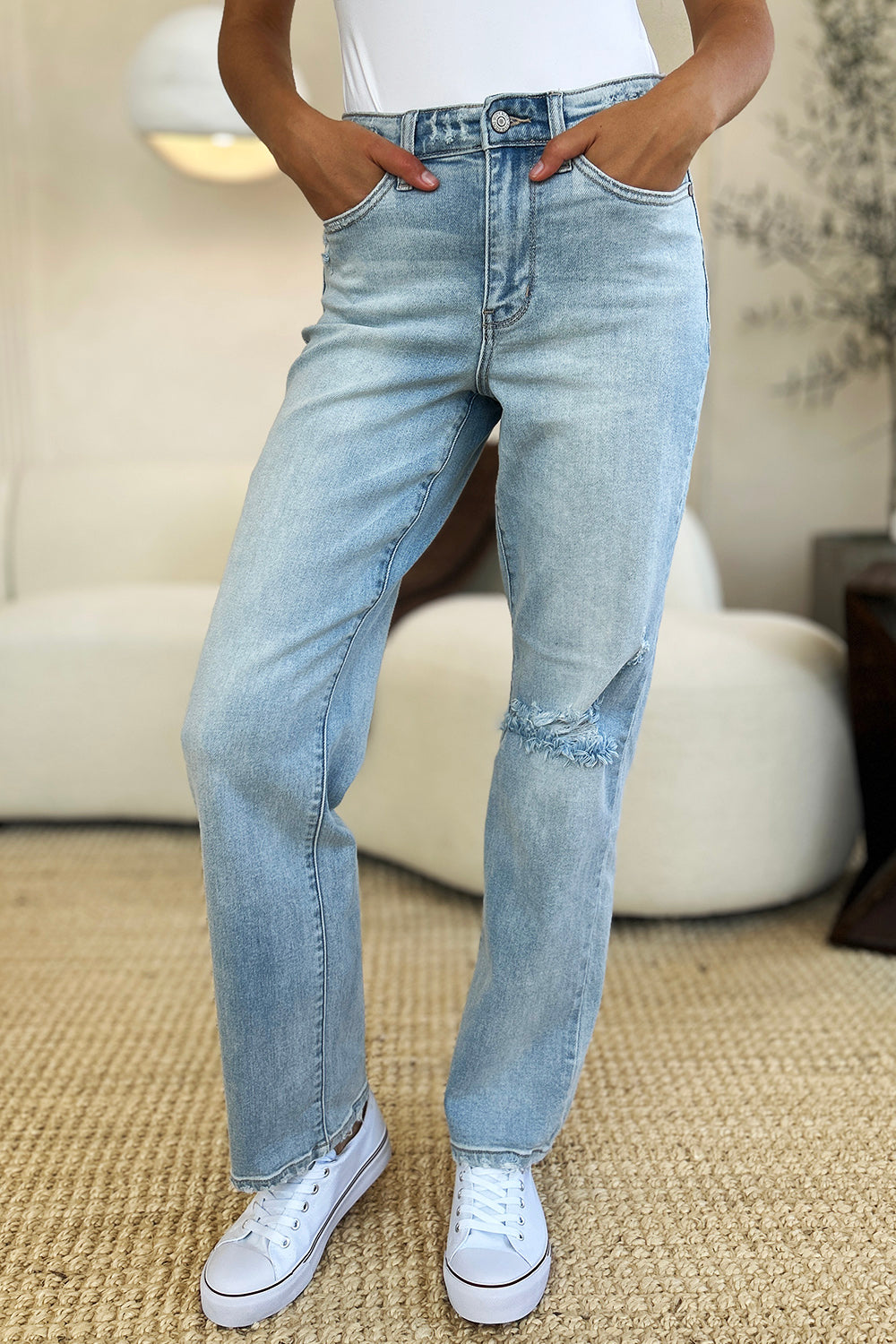 Judy Blue Full Size High Waist Distressed Straight Jeans  Trendsi   