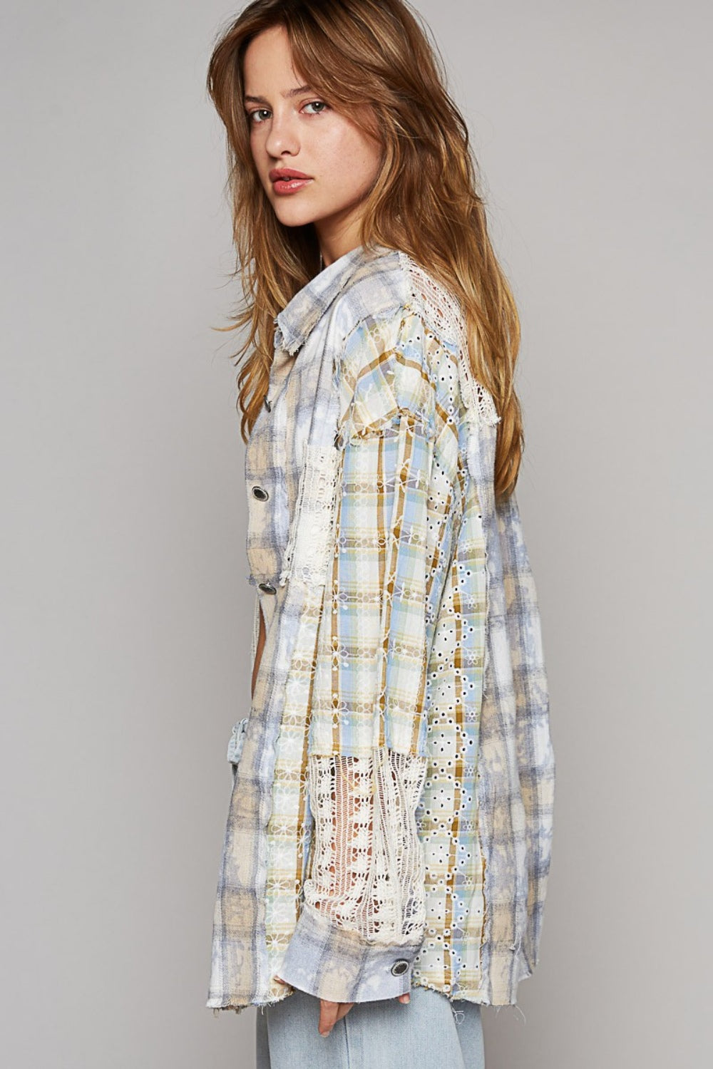 POL Long Sleeve Embroidered Crochet Plaid Shirt  Trendsi   