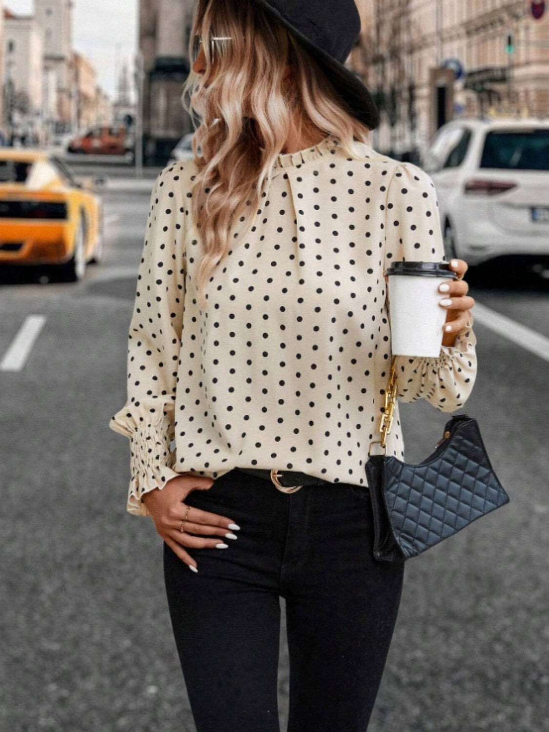 Polka Dot Mock Neck Long Sleeve Blouse  Trendsi   