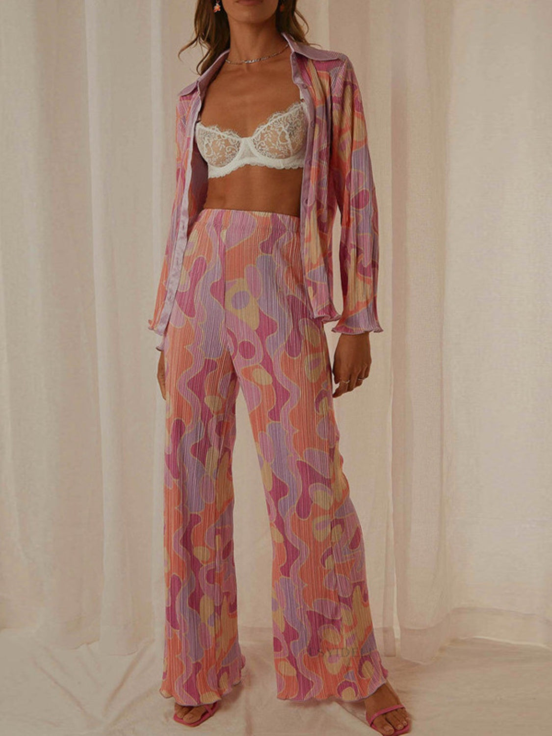 Printed Collared Neck Long Sleeve Top and Pants Lounge Set