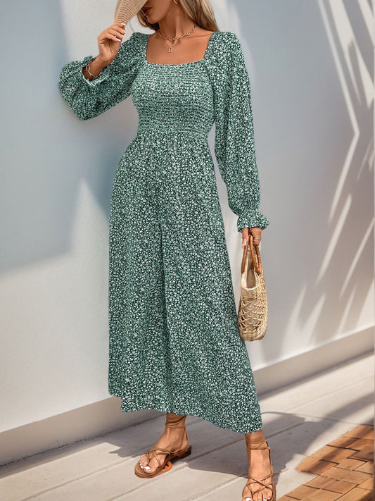 Perfee Smocked Printed Long Sleeve Wide Leg Jumpsuit  Trendsi Turquoise S 