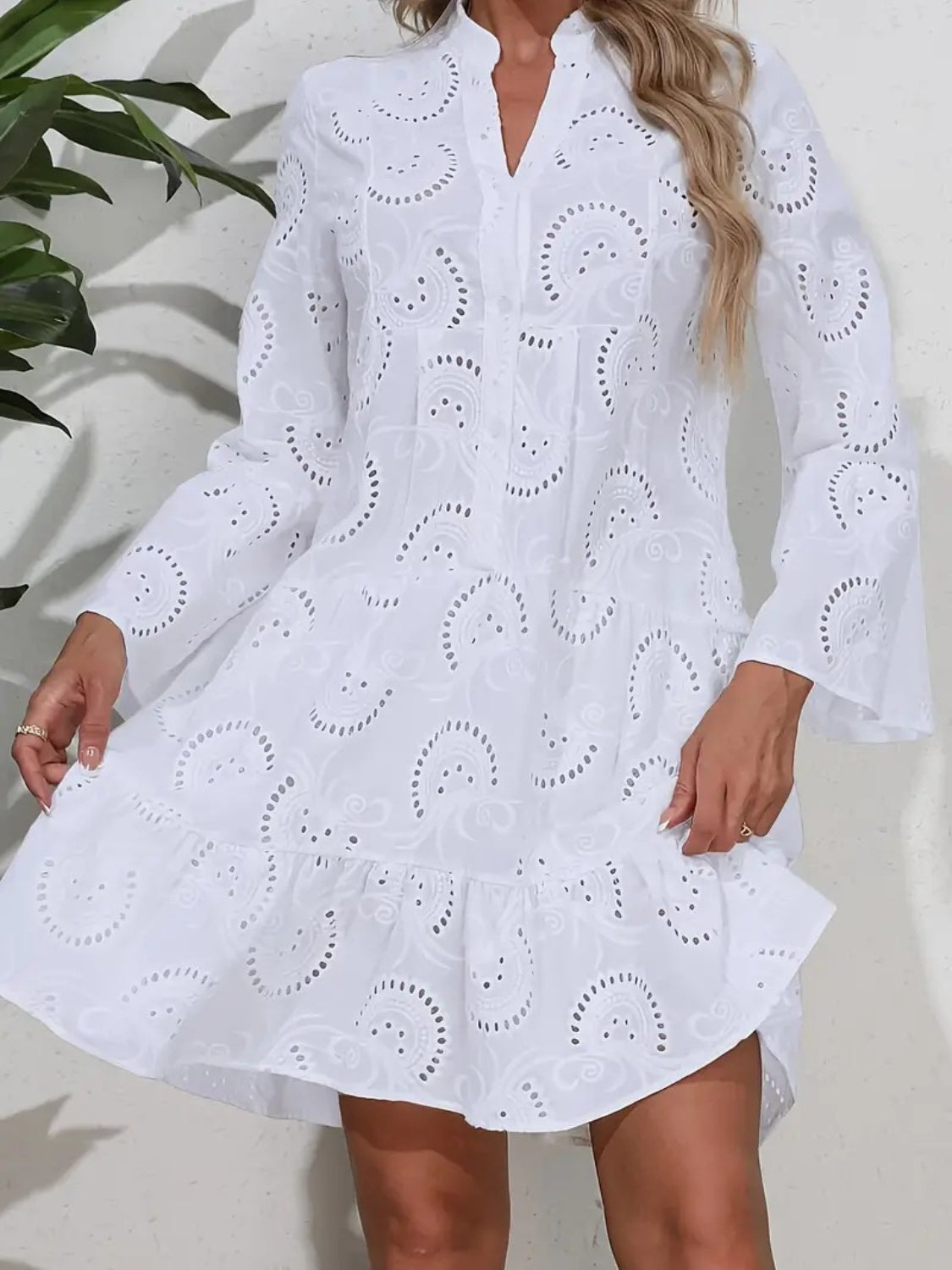 Ruffle Hem Eyelet Notched Long Sleeve Dress  Trendsi   