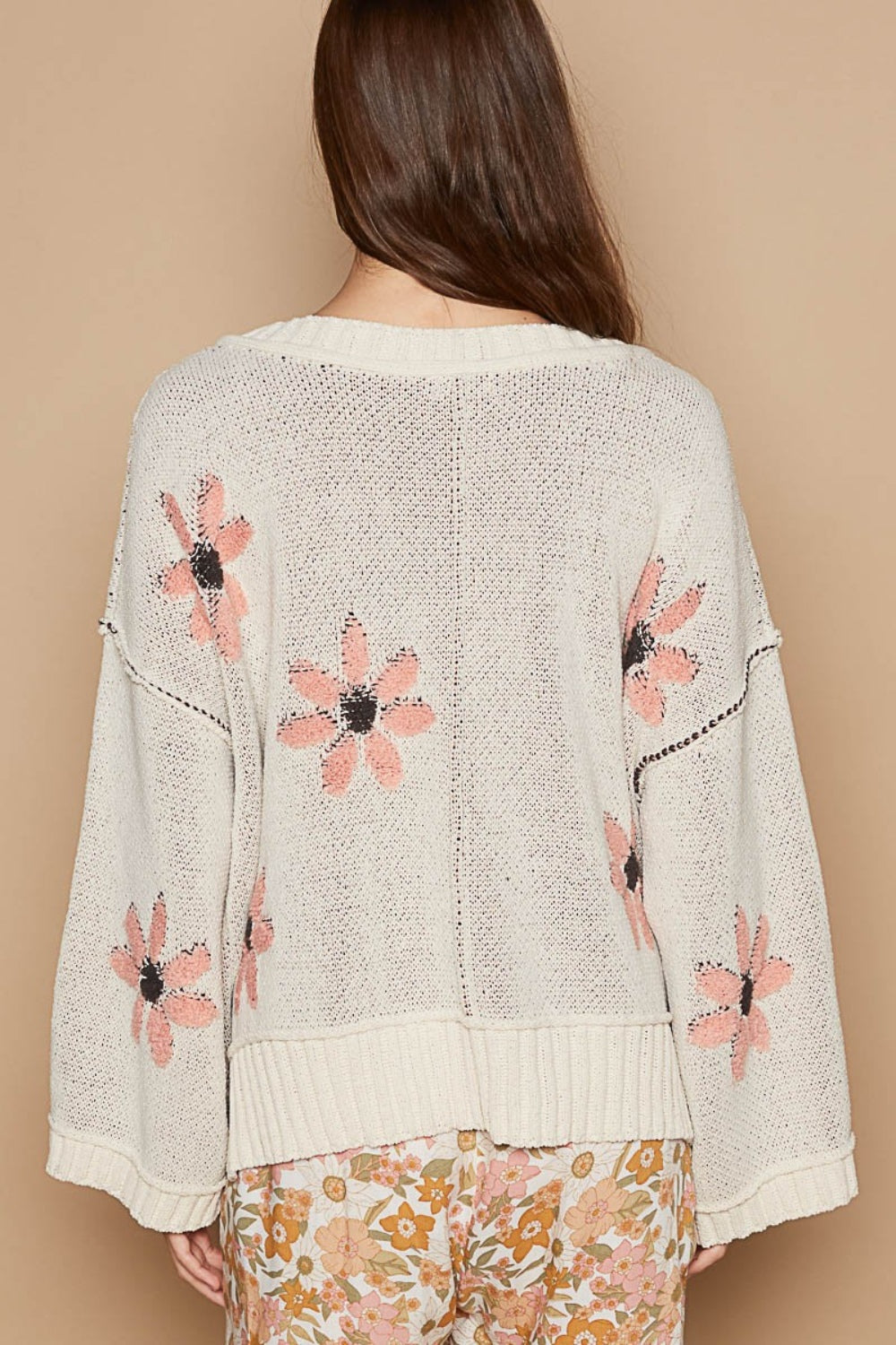 POL V-Neck Floral Pattern Chenille Sweater  Trendsi   