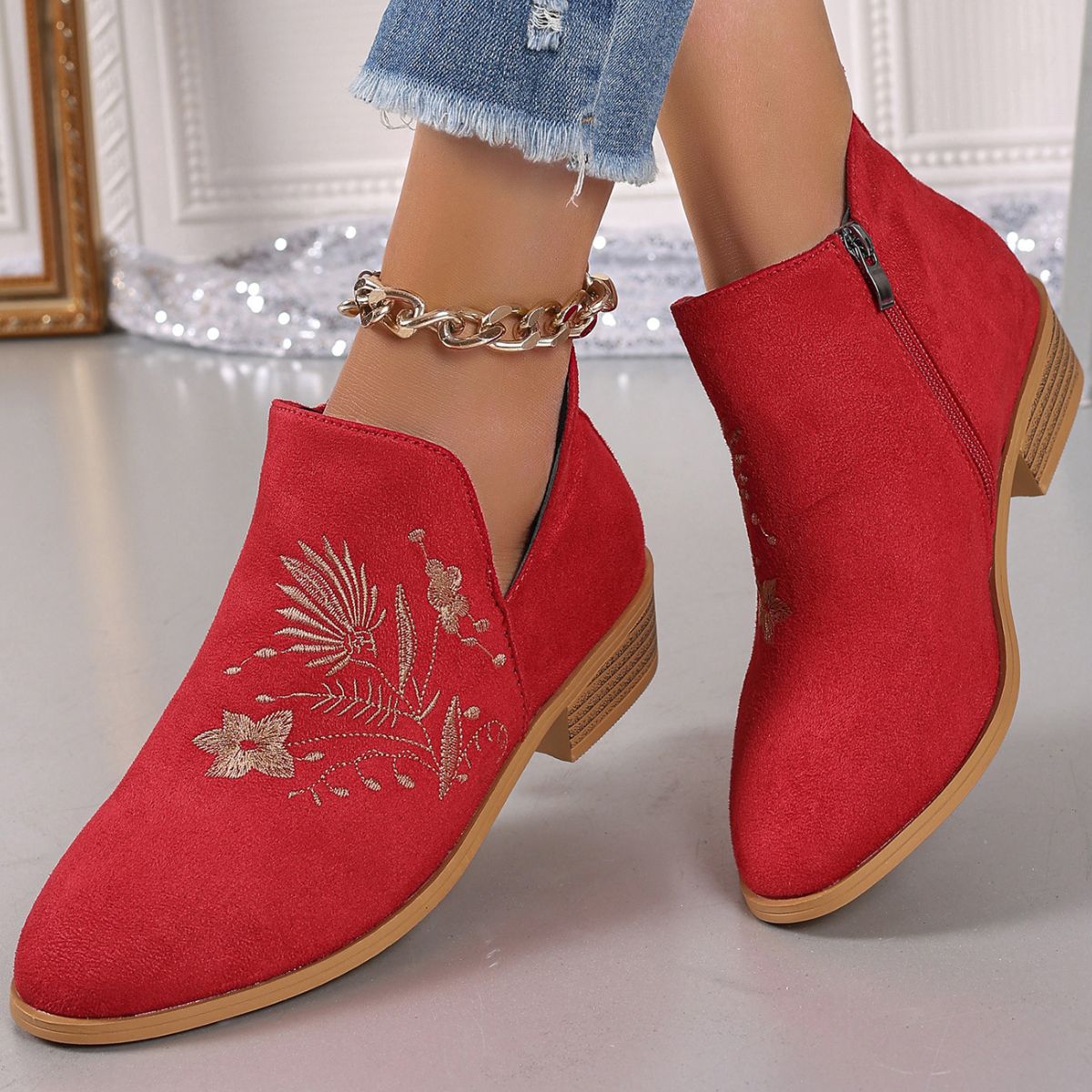 Embroidered Suede Point Toe Block Heel Boots  Trendsi   