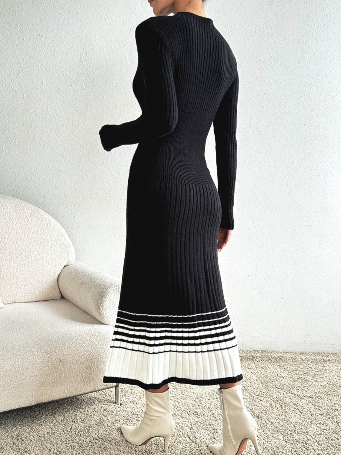 Contrast Mock Neck Long Sleeve Sweater Dress