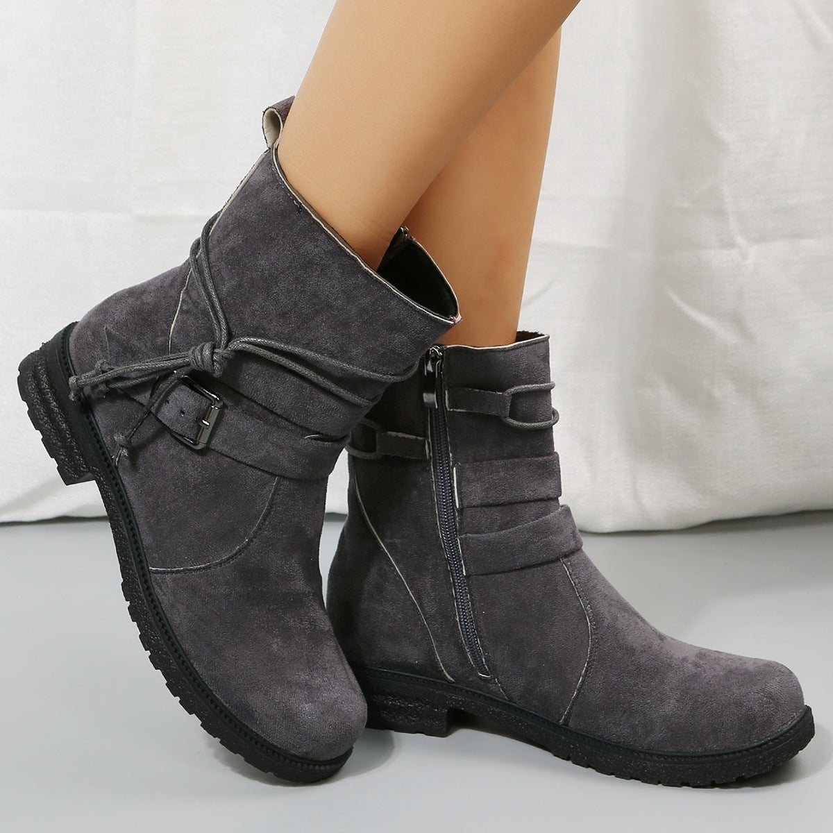 Suede Side Zip Round Toe Boots  Trendsi Dark Gray 36(US5) 