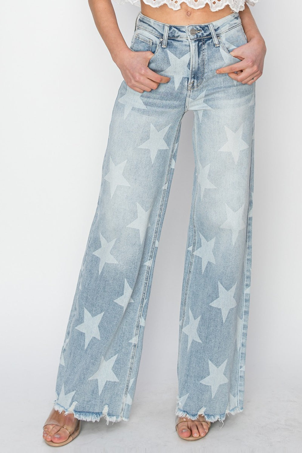 RISEN Full Size Raw Hem Star Wide Leg Jeans  Trendsi   