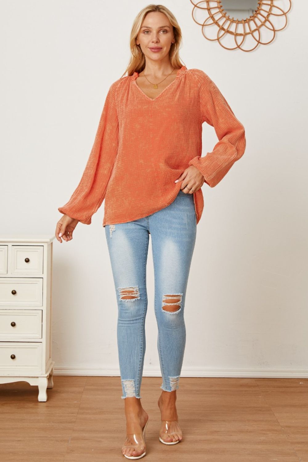 Frill V-Neck Balloon Sleeve Blouse Blouse Trendsi   