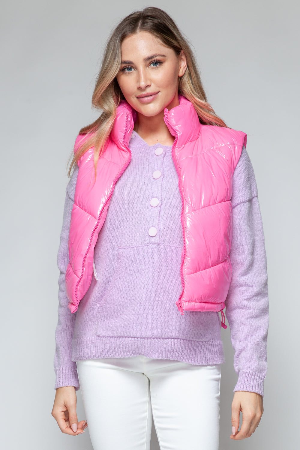 Snobbish Zip Up Turtleneck Shiny Quilted Vest  Trendsi   