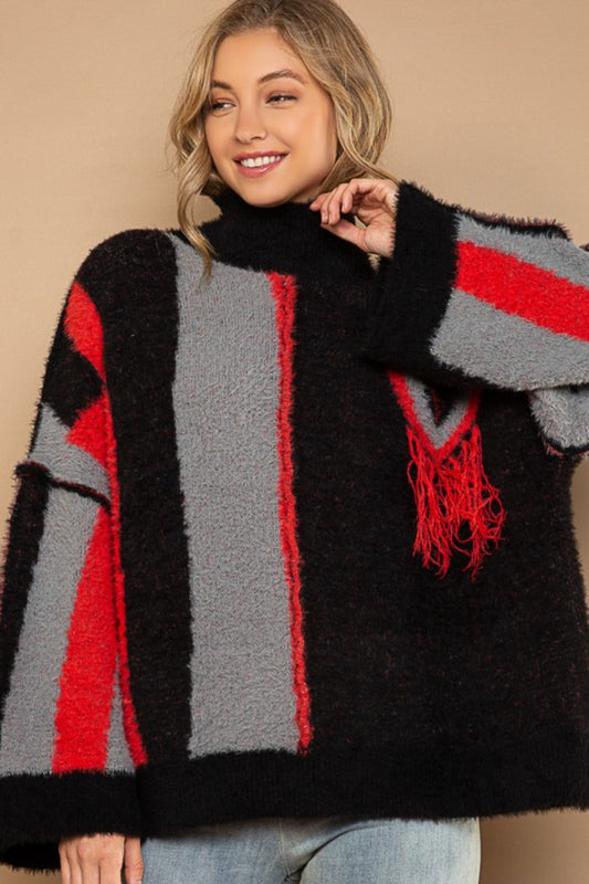 POL Turtleneck Color Block Fringe Detail Sweater  Trendsi Black/Red Multi S 