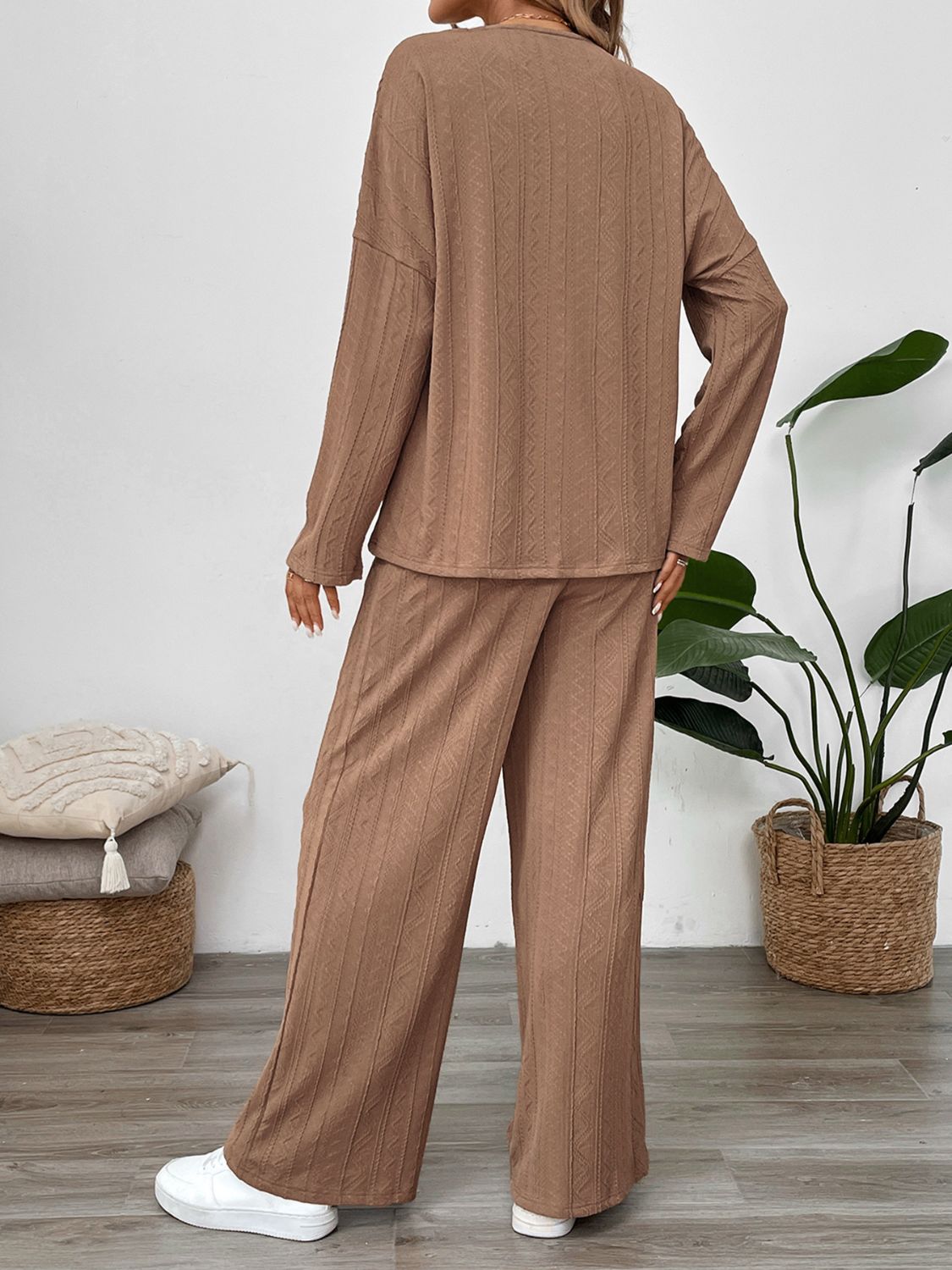 Perfee Quarter Button Long Sleeve Top and Pants Set  Trendsi   