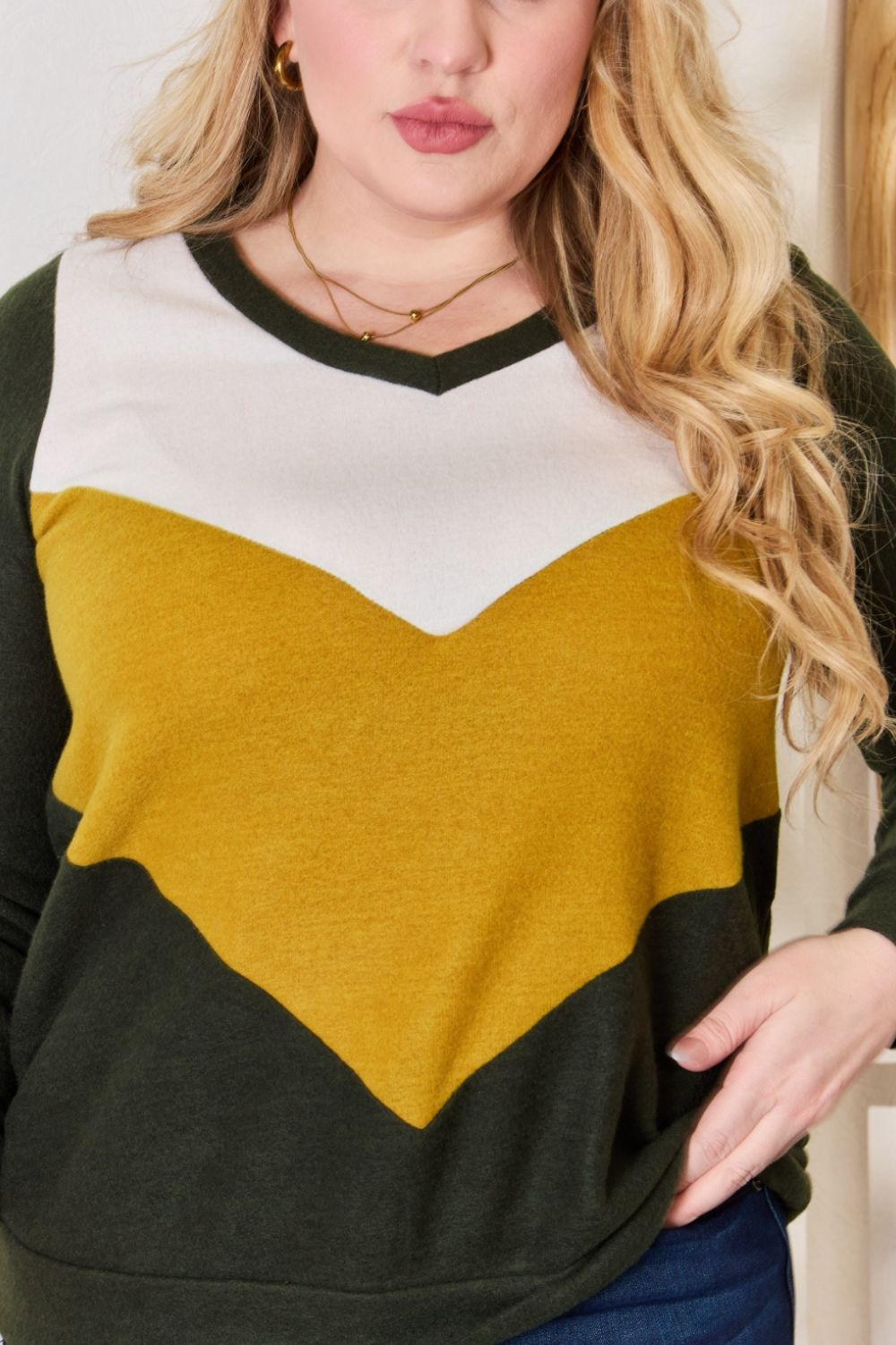 Hailey & Co Full Size Colorblock V-Neck Blouse  Trendsi   