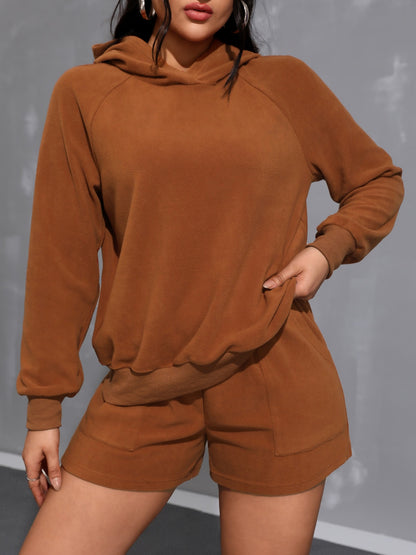 Long Sleeve Hoodie and Pocketed Shorts Set  Trendsi Caramel S 