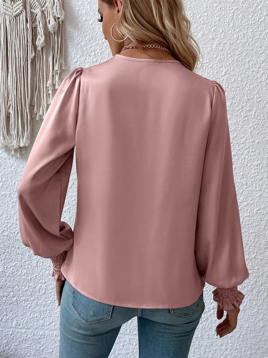 Surplice Smocked Lantern Sleeve Blouse Blouse Trendsi   