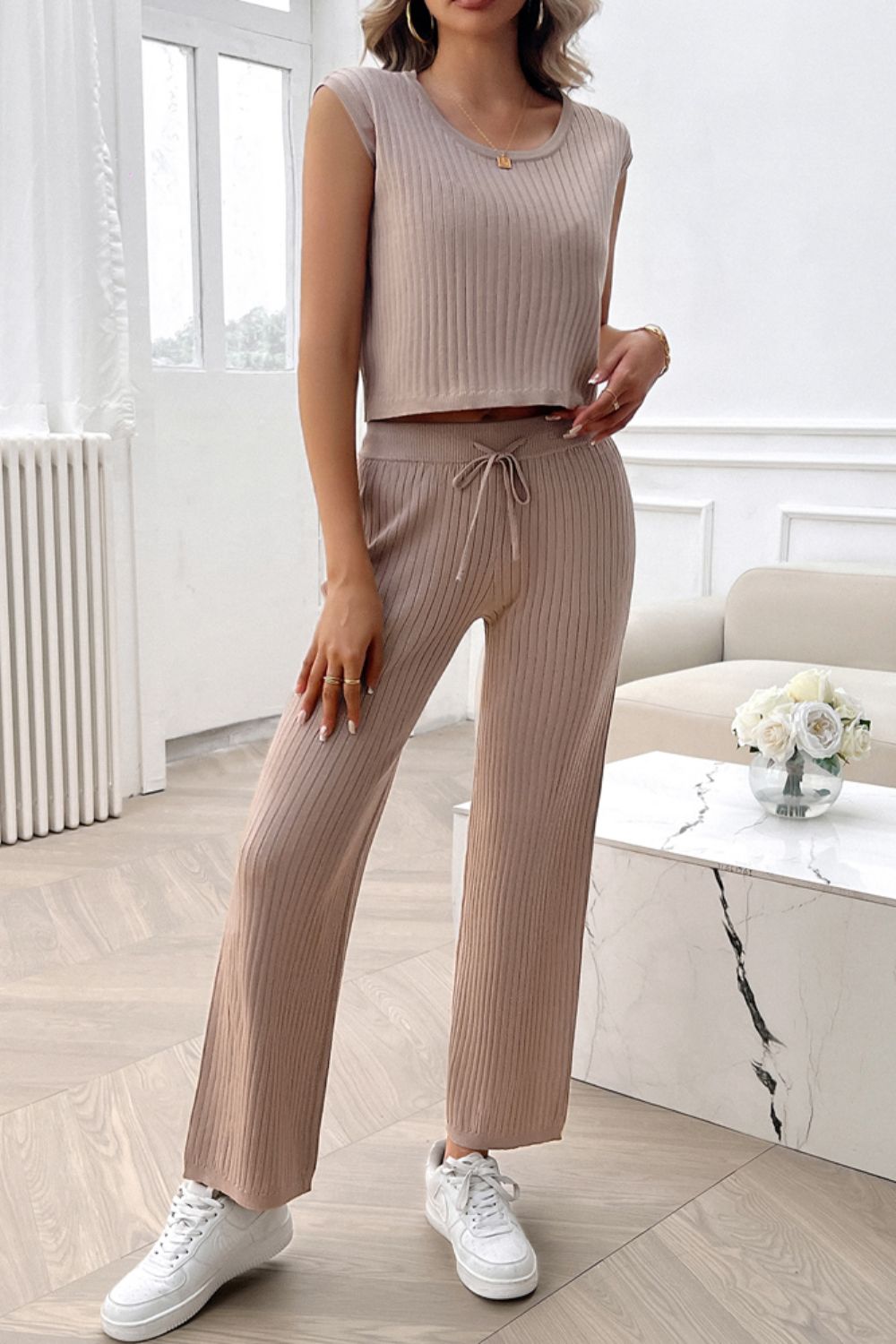 Devine Ribbed Round Neck Top and Pants Set  Trendsi Taupe S 