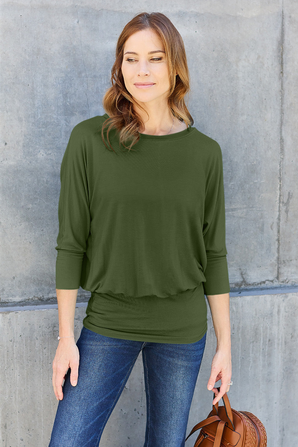 Basic Bae Full Size Round Neck Batwing Sleeve Top Blouse Trendsi Army Green S 