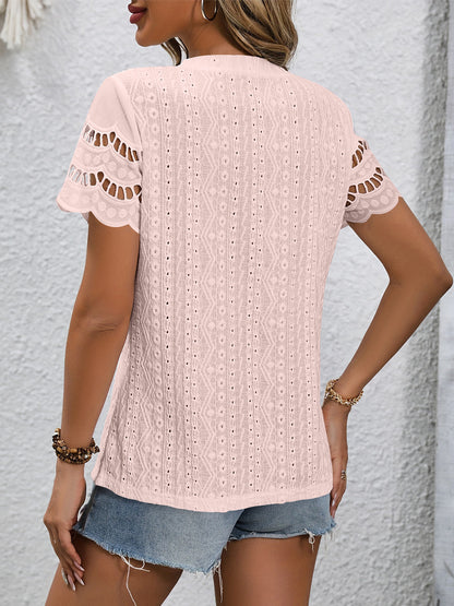 Full Size Eyelet Round Neck Short Sleeve Top Blouse Trendsi   