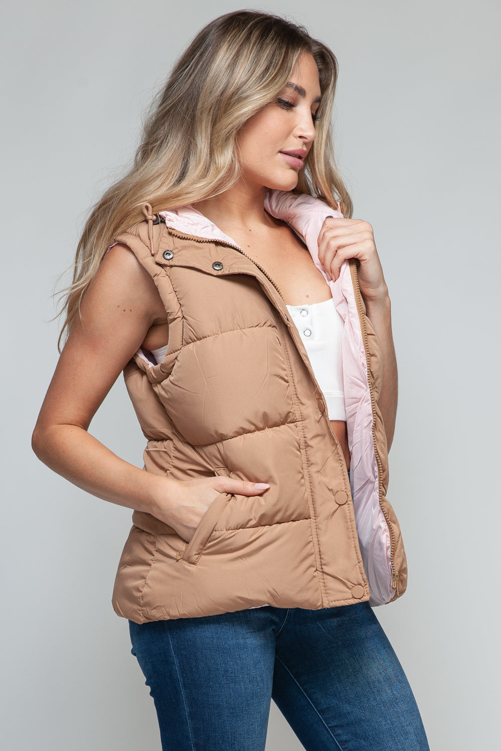 Snobbish Snap and Zip Closure Hooded Vest  Trendsi   