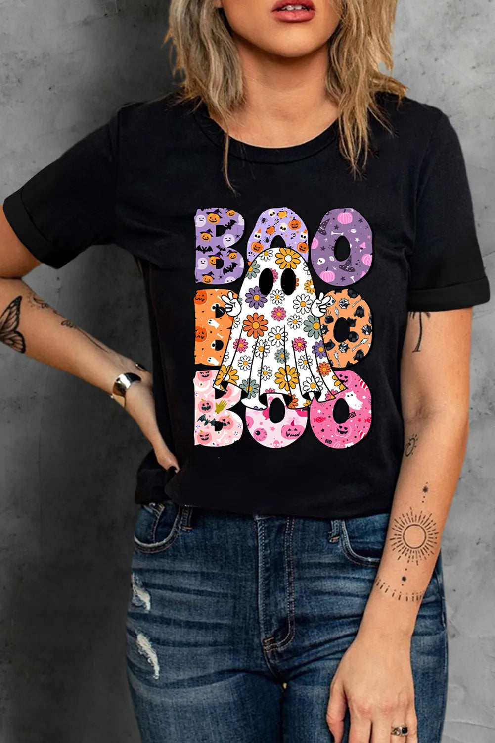 BOO Ghost Graphic Round Neck Short Sleeve T-Shirt T-Shirt Trendsi   