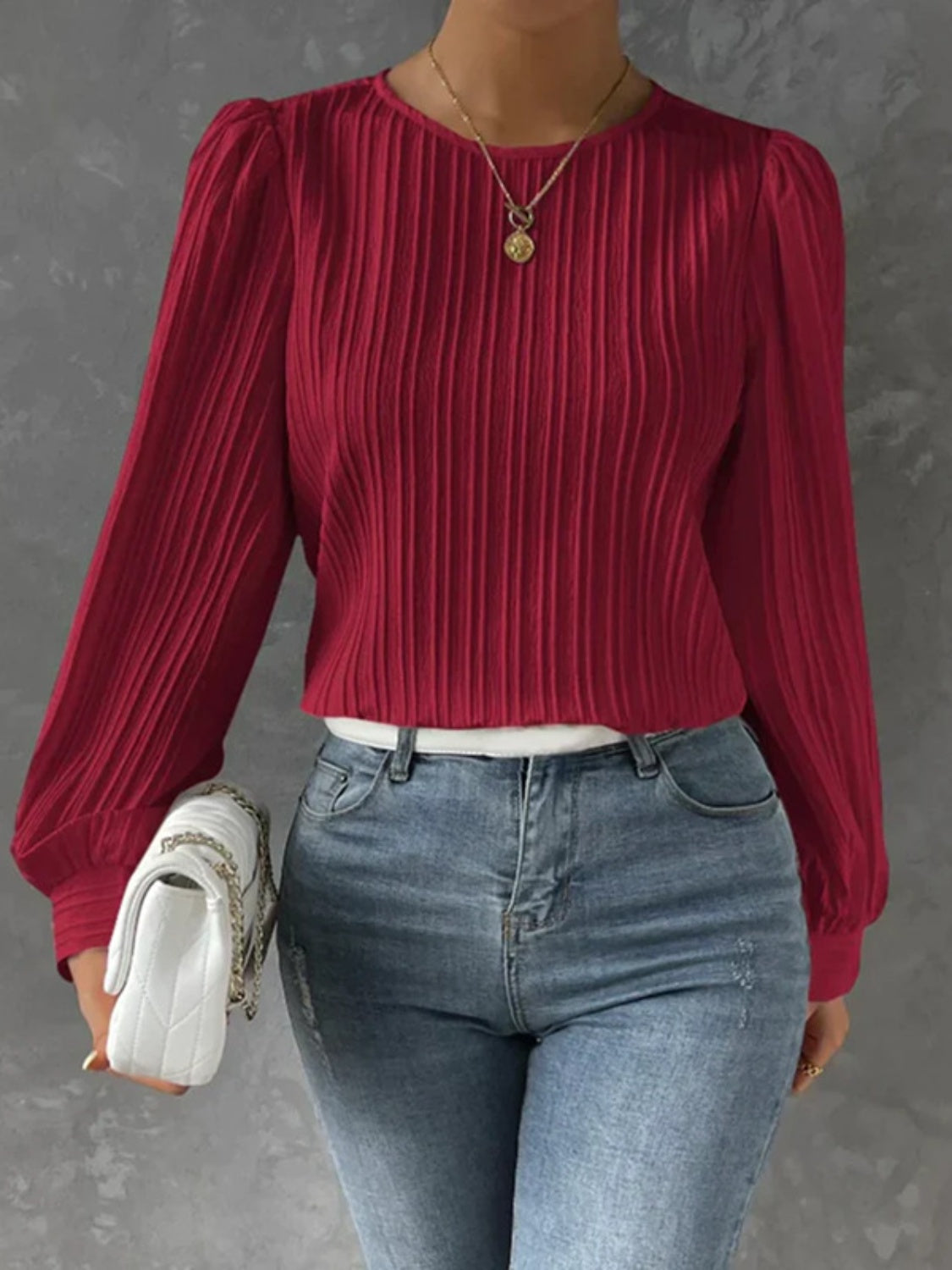 Round Neck Long Sleeve Blouse  Trendsi Burgundy S 