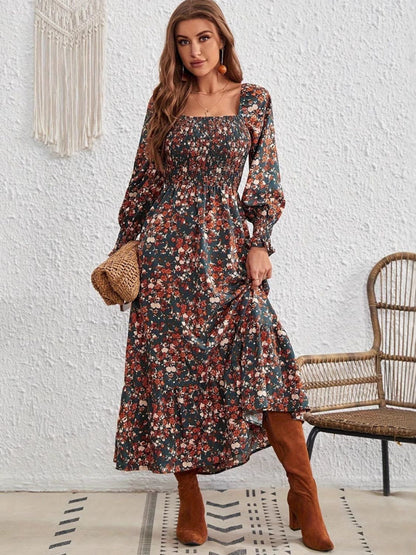 Smocked Floral Square Neck Long Sleeve Dress  Trendsi Dark Green S 