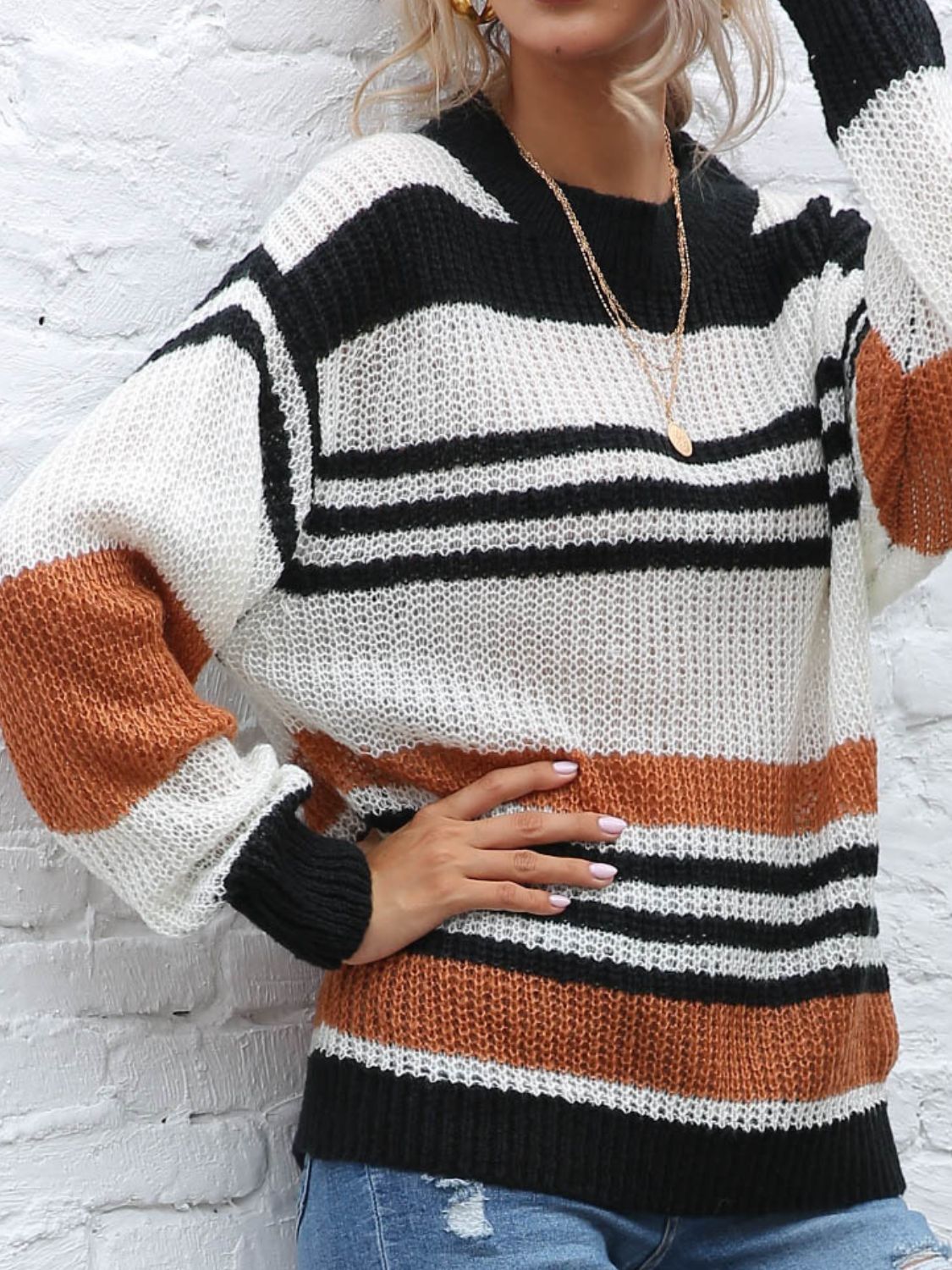 Contrast Striped Round Neck Long Sleeve Sweater  Trendsi   