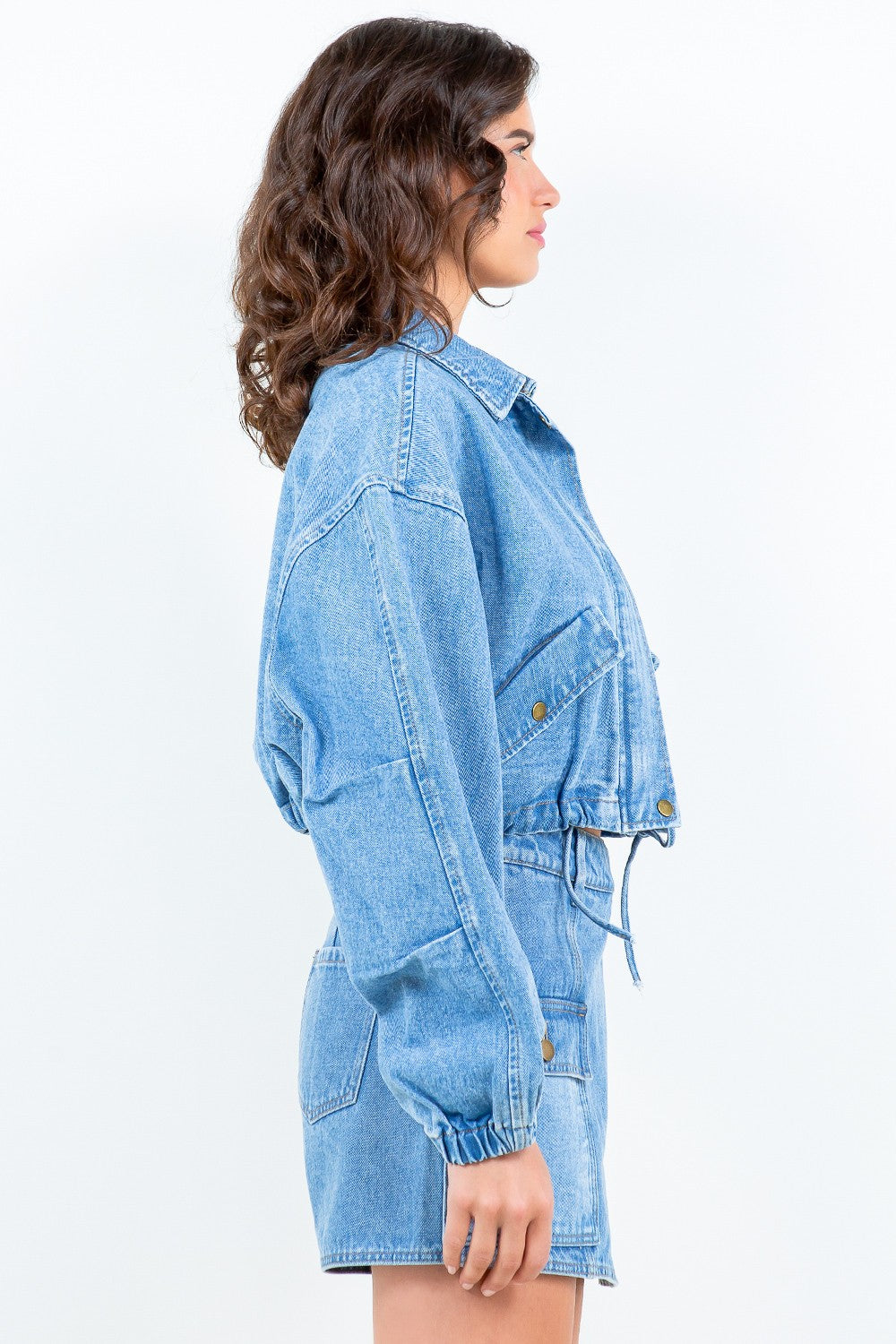 American Bazi Drawstring Waist Crop Denim Jacket  Trendsi   