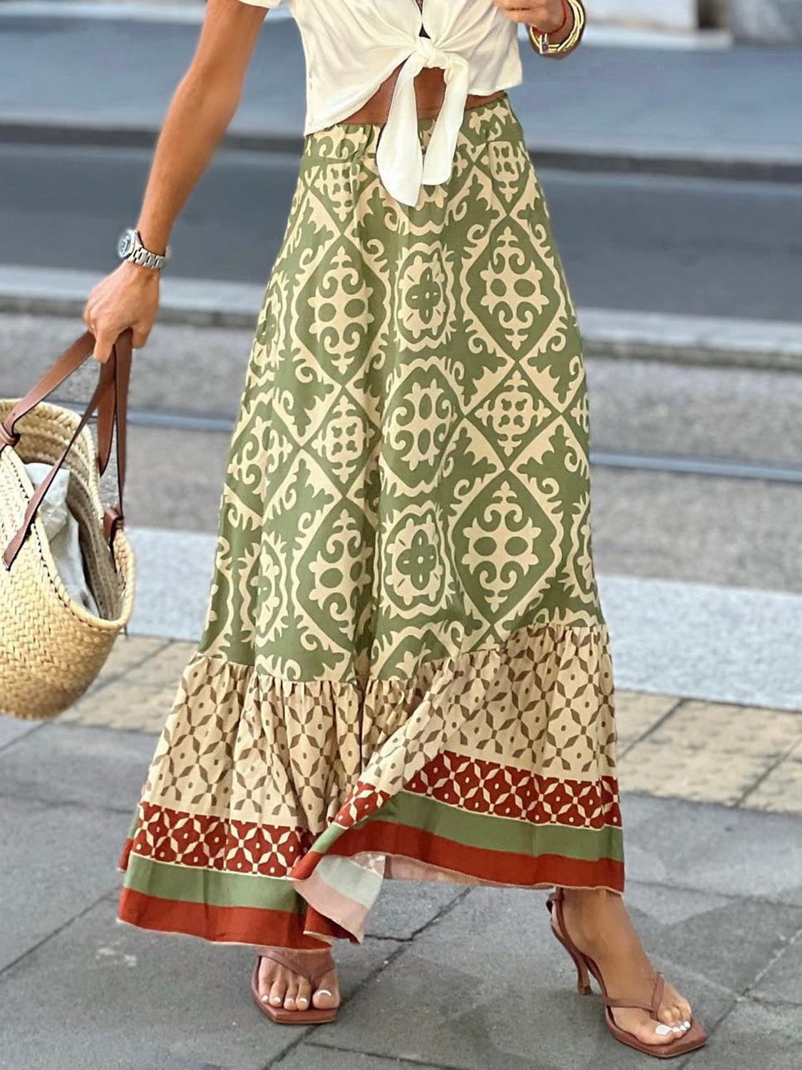 Geometric Elastic Waist Maxi Skirt  Trendsi Matcha Green S 