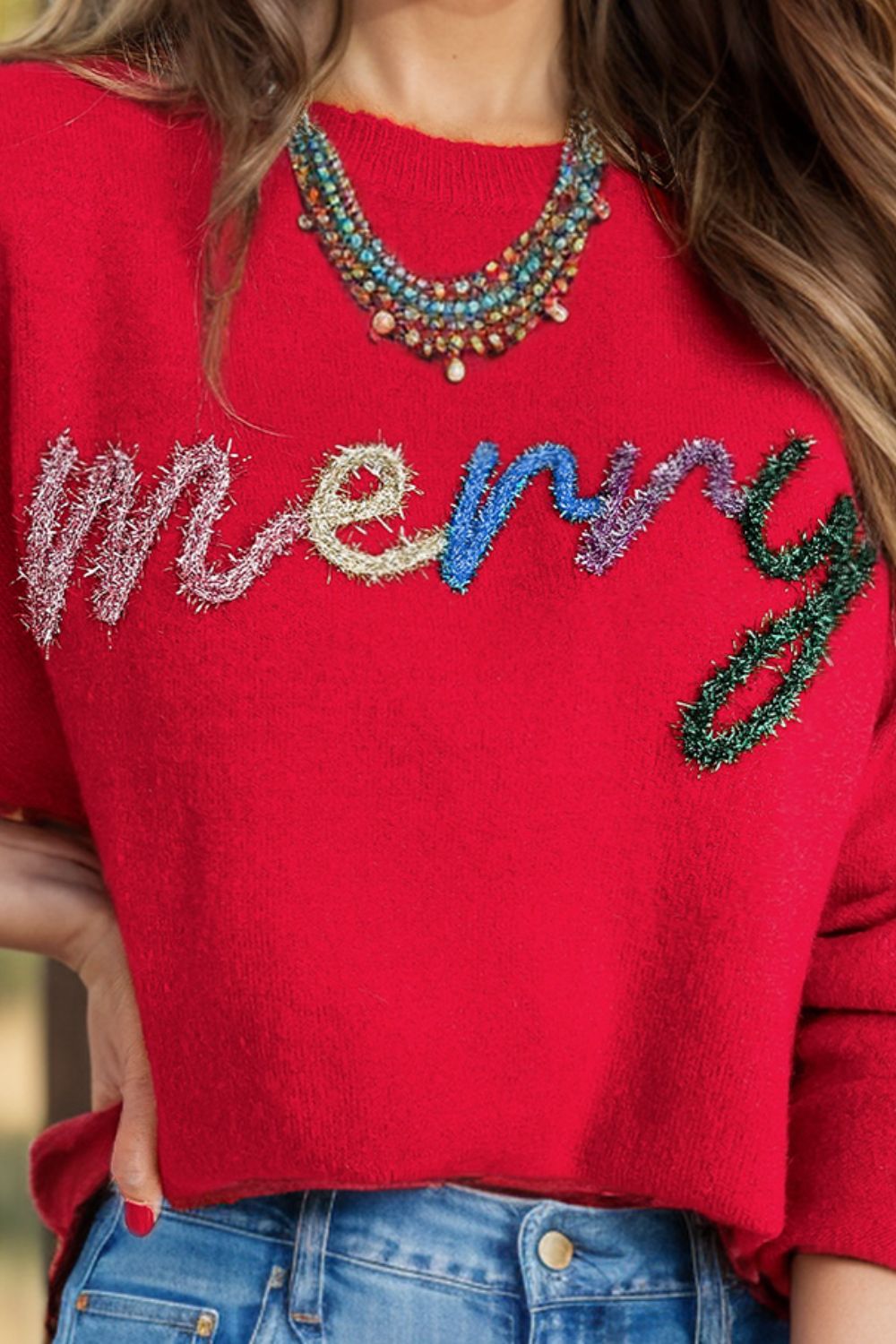 MERRY Round Neck Long Sleeve Sweater  Trendsi   