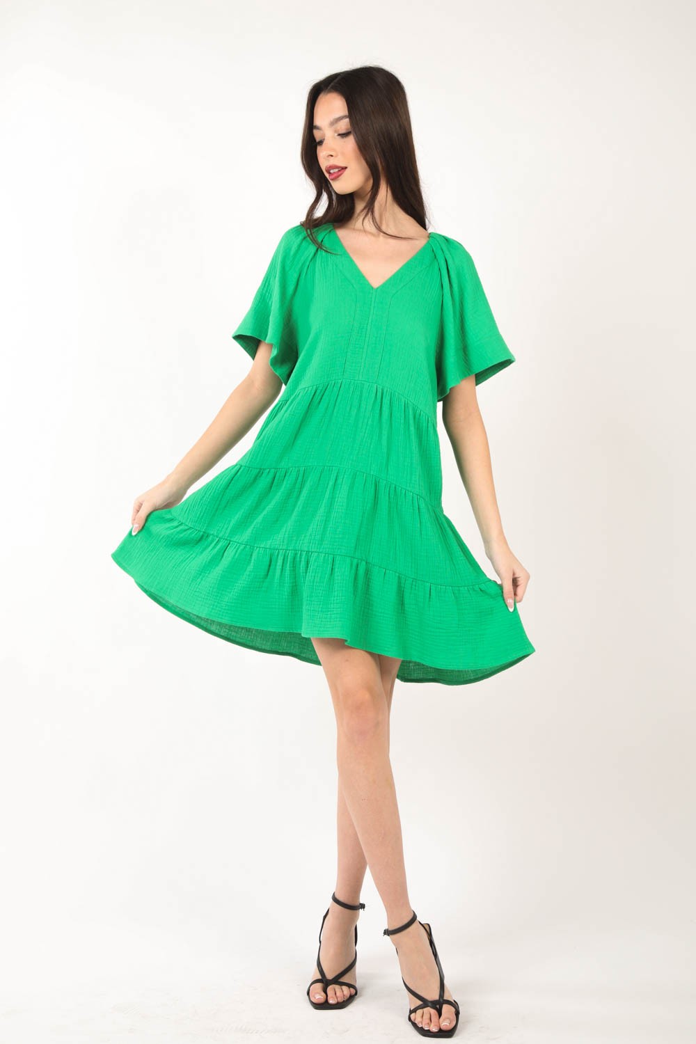 VERY J Texture V-Neck Ruffled Tiered Dress  Trendsi   