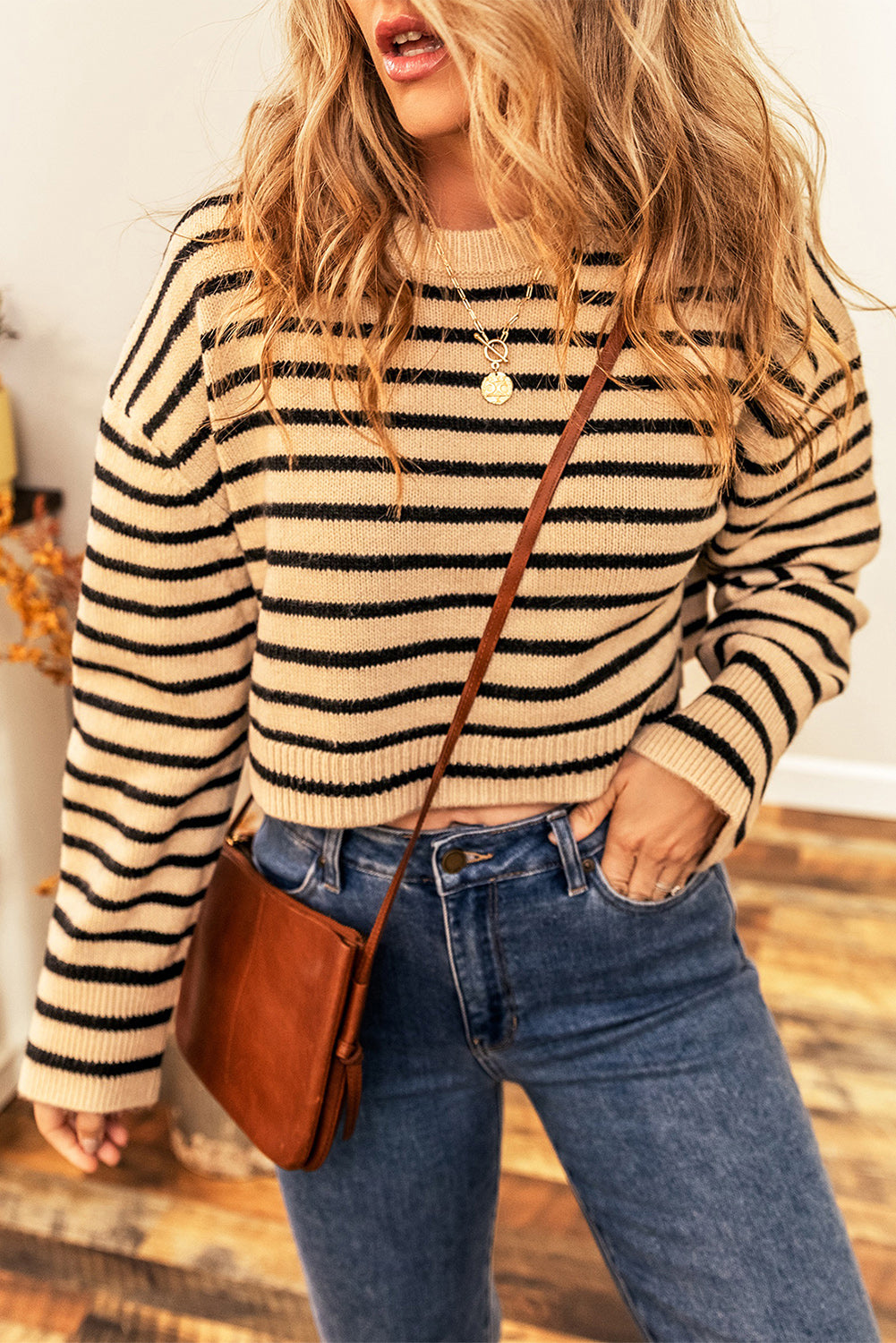 Striped Round Neck Long Sleeve Cropped Sweater  Trendsi   