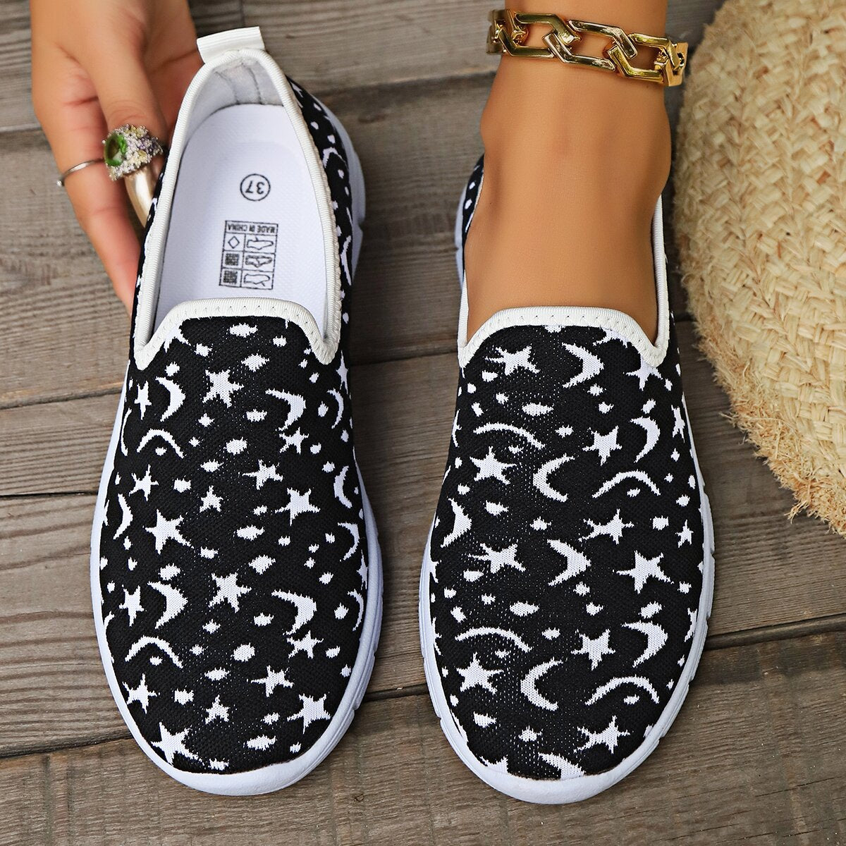 Star & Moon Pattern Flat Loafers  Trendsi White 36(US5) 