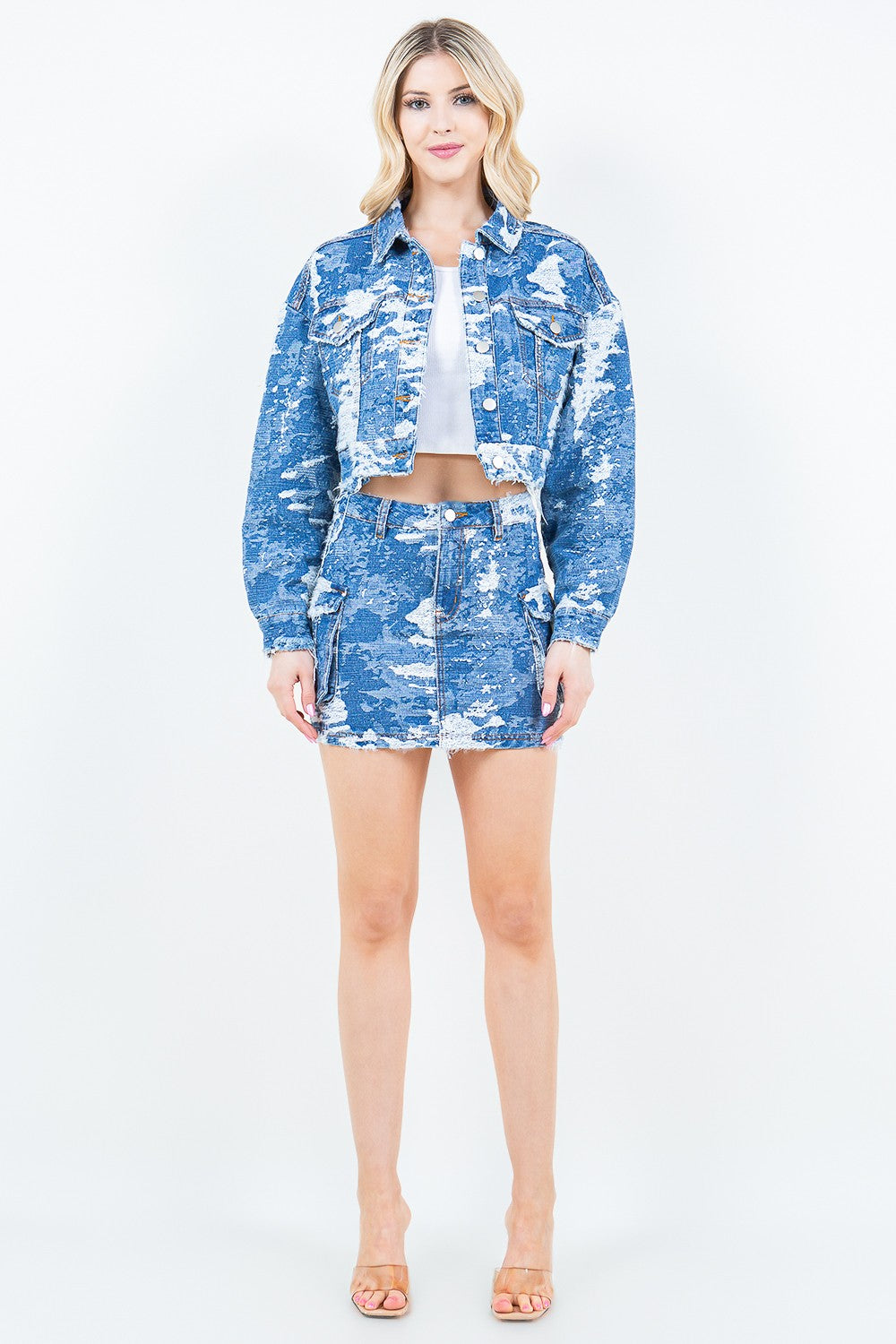 American Bazi Jacquard Trim Cropped Denim Jacket  Trendsi   