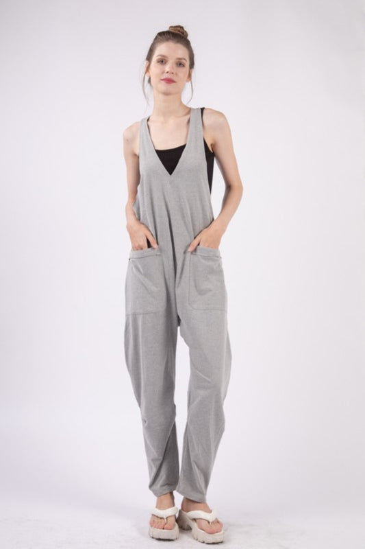 VERY J  Plunge Sleeveless Jumpsuit with Pockets  Trendsi Grey S 